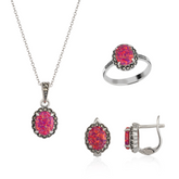 Oval Red Opal High Quality Sterling Silver Necklace Earring Ring Set